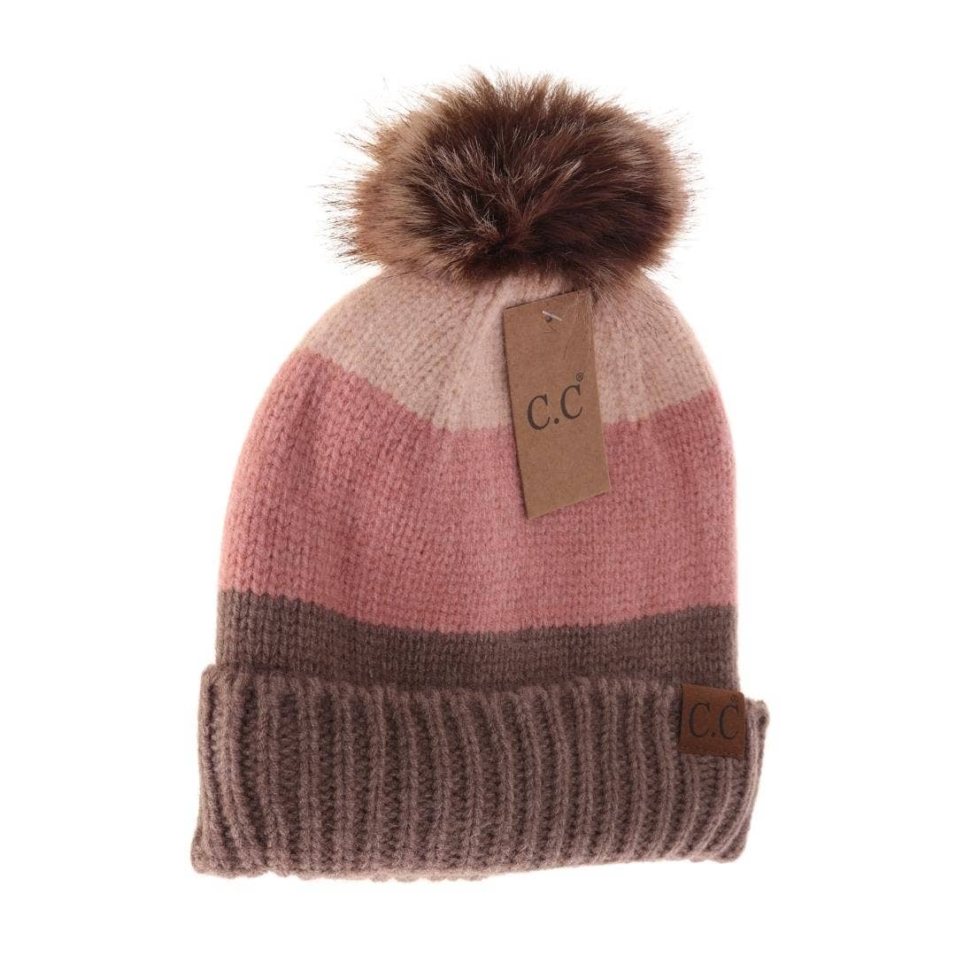 Multi Color Block Pom C.C Beanie Taupe