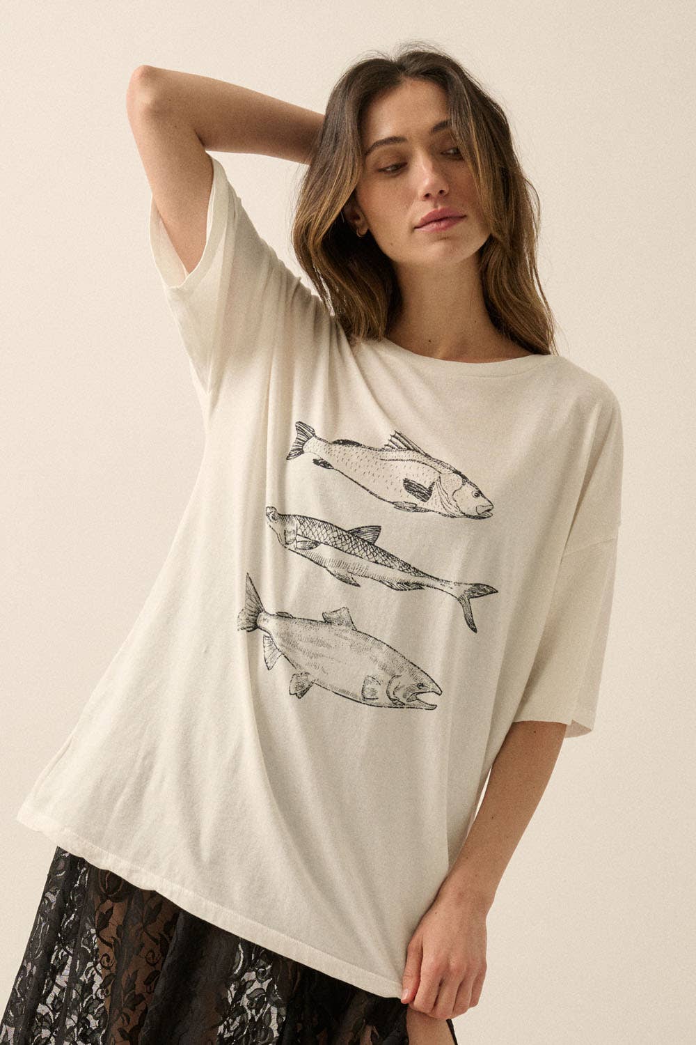 Promesa USA - Three Fishes Garment-Washed Oversize Graphic Tee in Ivory
