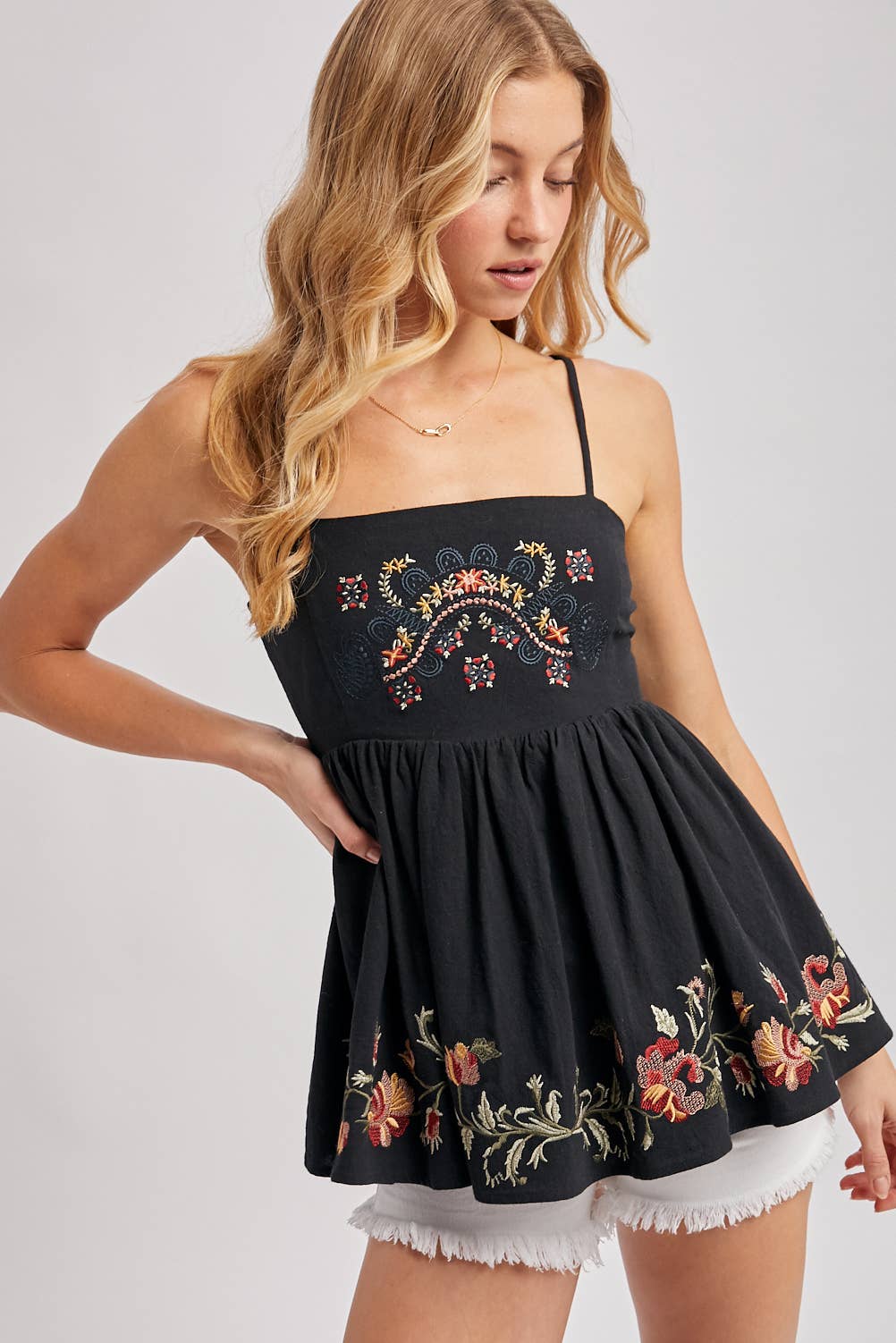 Bluivy - Floral Embroidered Sleeveless Peplum Top black 1