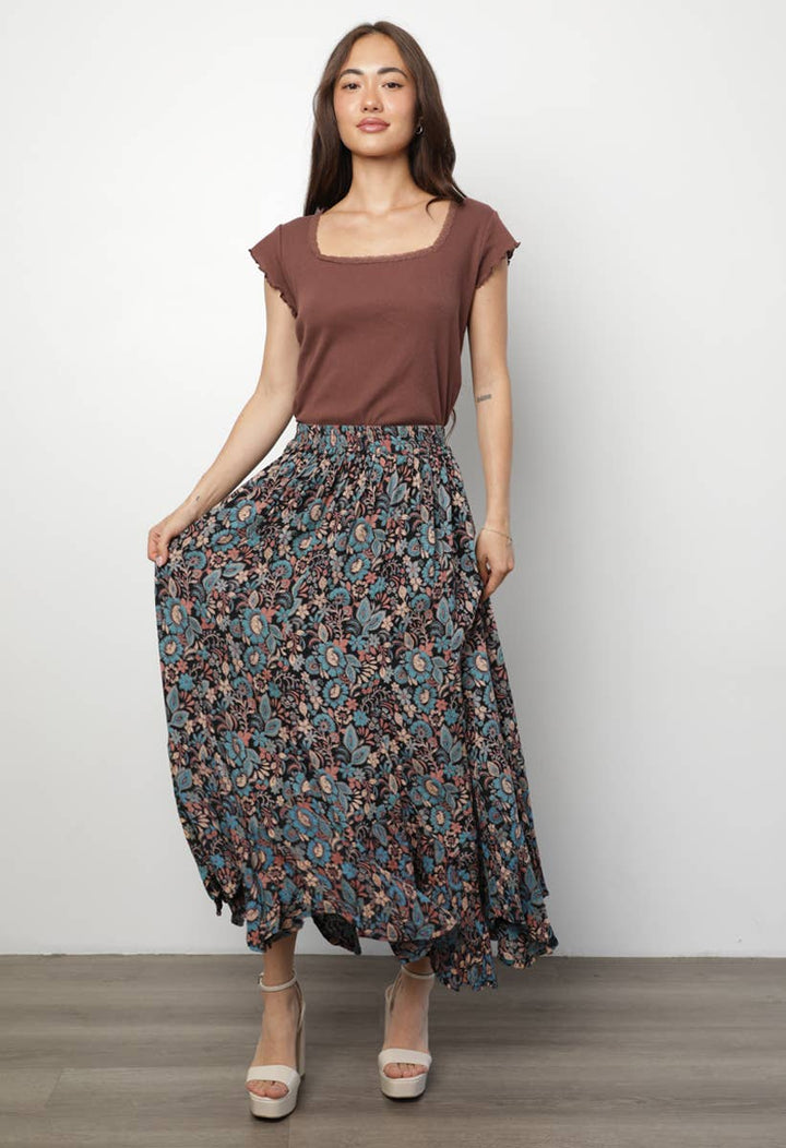 Angie Floral High Waisted Skirt with Ruffles in Black 2