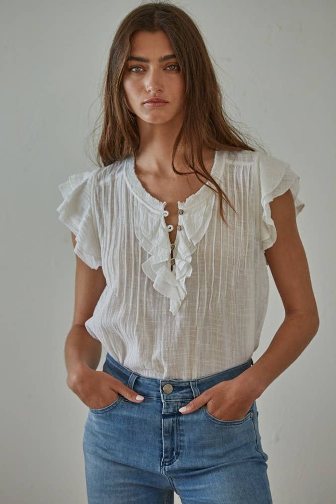 By Together - Woven Button V-Neck Short Sleeve Top White