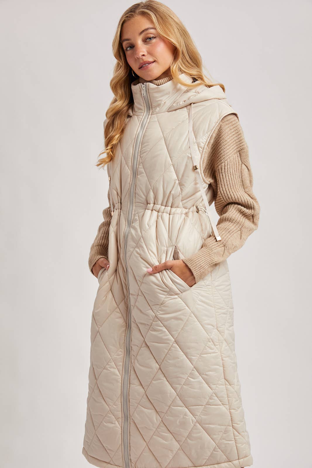 Diamond Quilt Puffer Hooded Vest beige 9
