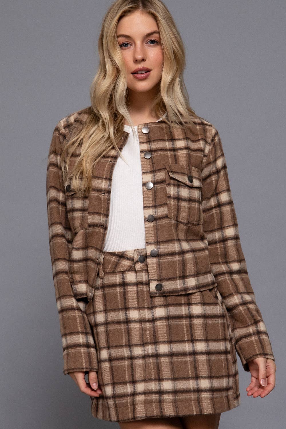Round Neck Brushed Plaid Jacket Khaki