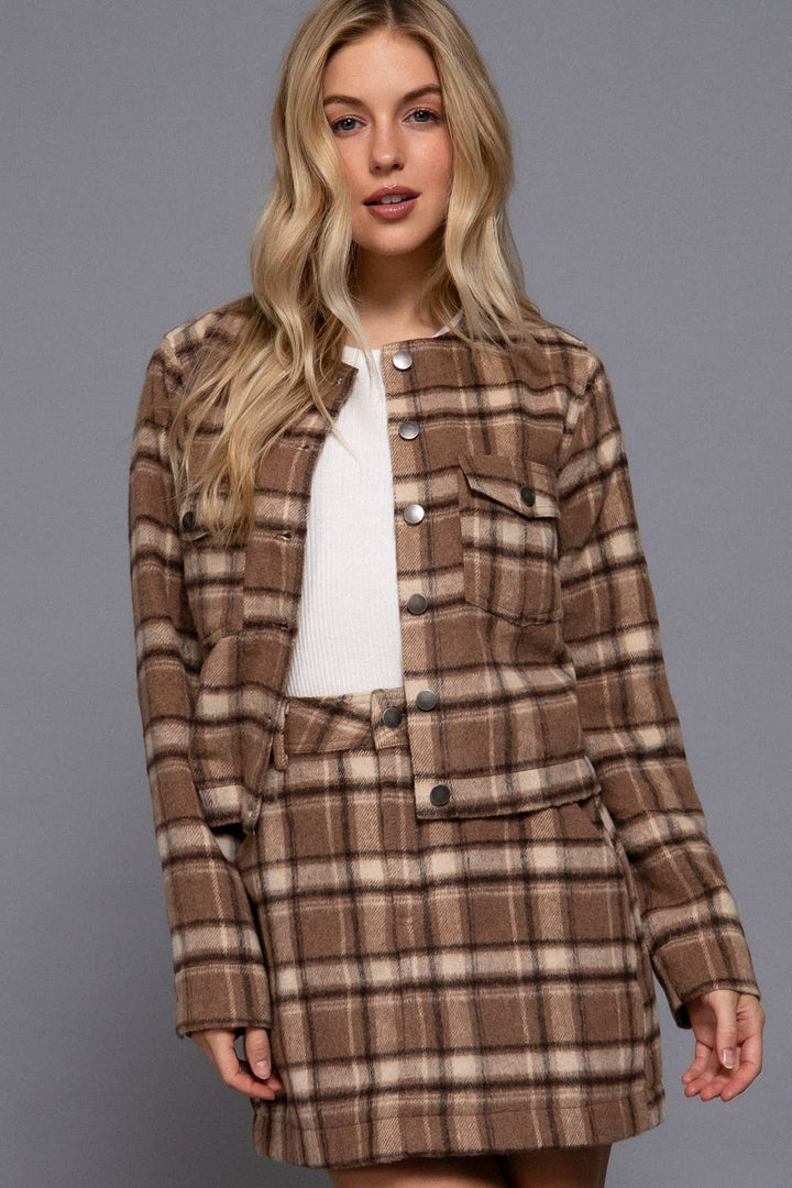 Round Neck Brushed Plaid Jacket Khaki