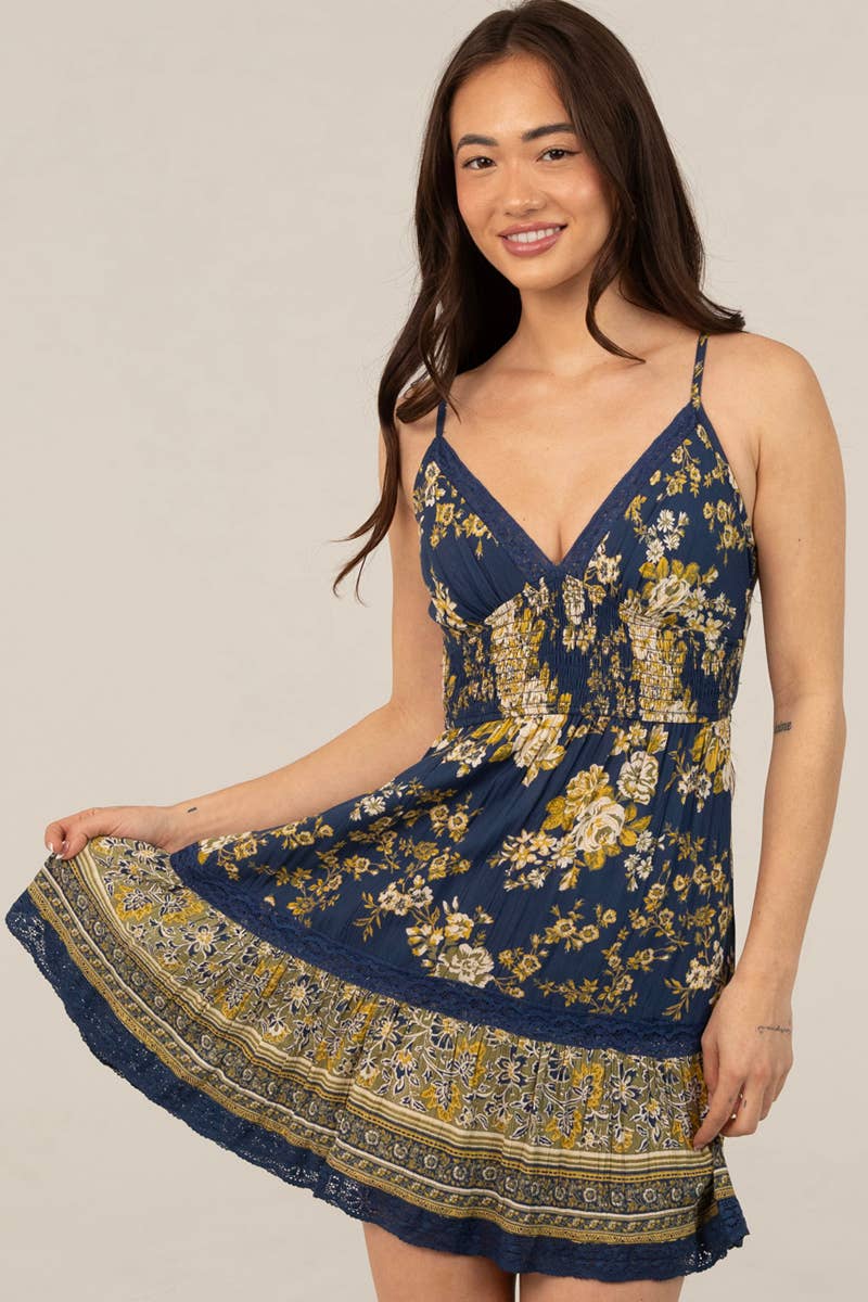 Angie V Neck Lace Trim Tie Back Smocked Waist Dress, Navy / S