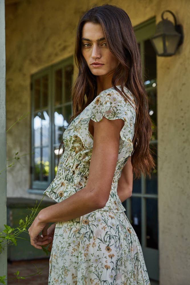 By Together - Woven Floral Print V-Neck Ruffle Top in Ivory Green side