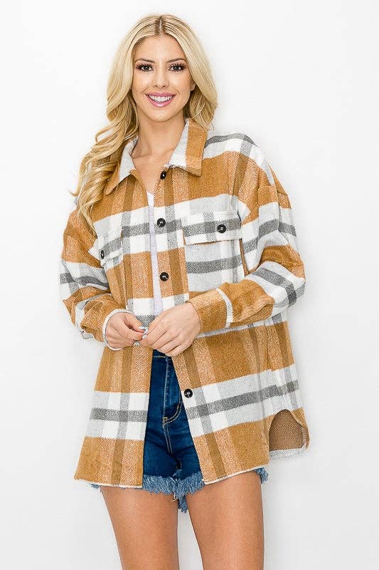 Plaid Button Down Shacket Shirt Jacket khaki3