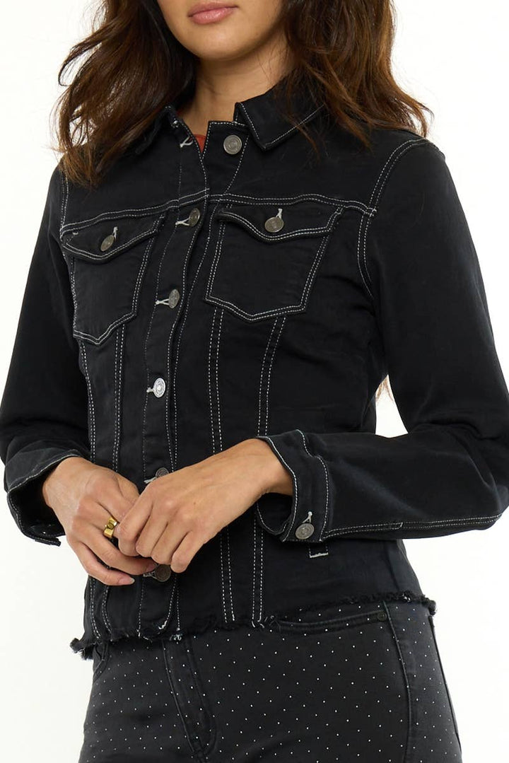 Kan Can USA Frayed Hem Denim Jacket in Black 5