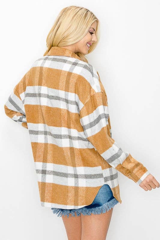 Plaid Button Down Shacket Shirt Jacket khaki1