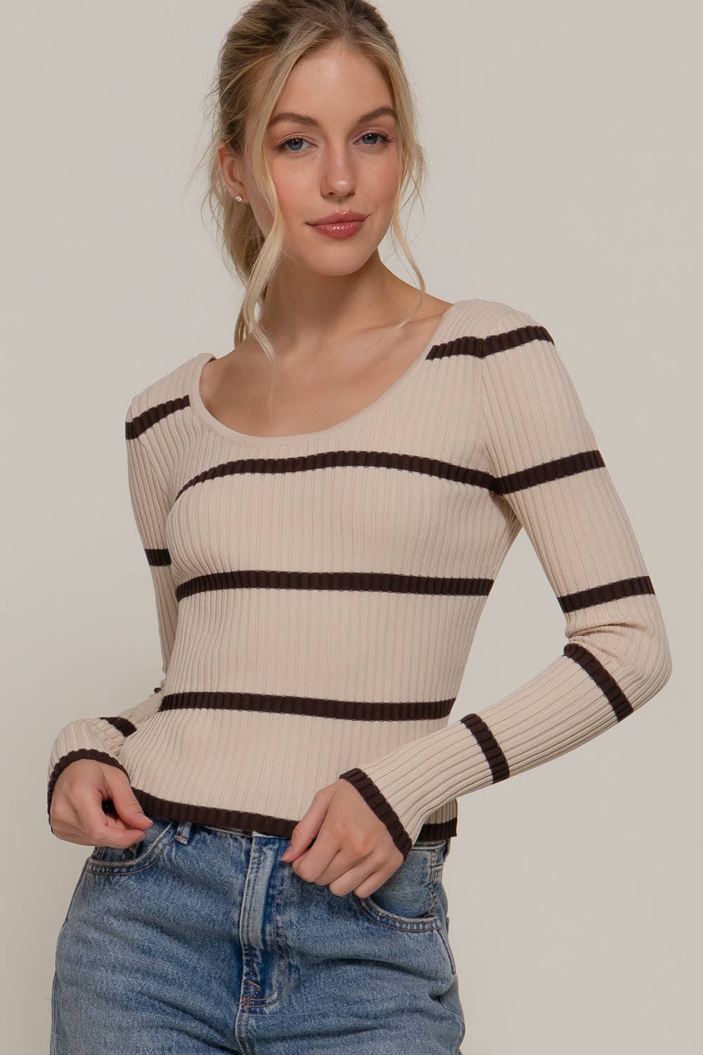 Double Scoop Neck Stripe Sweater Beige/Brown 