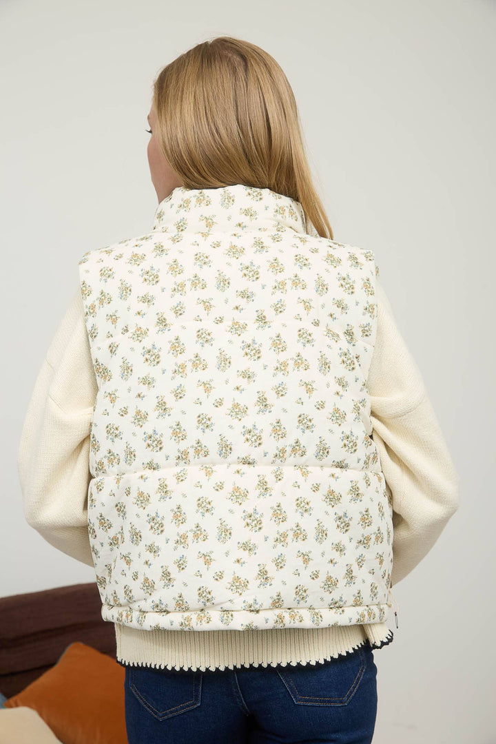 Blu Pepper - Cream Multi Floral Zip-Up Puffer Vest 1