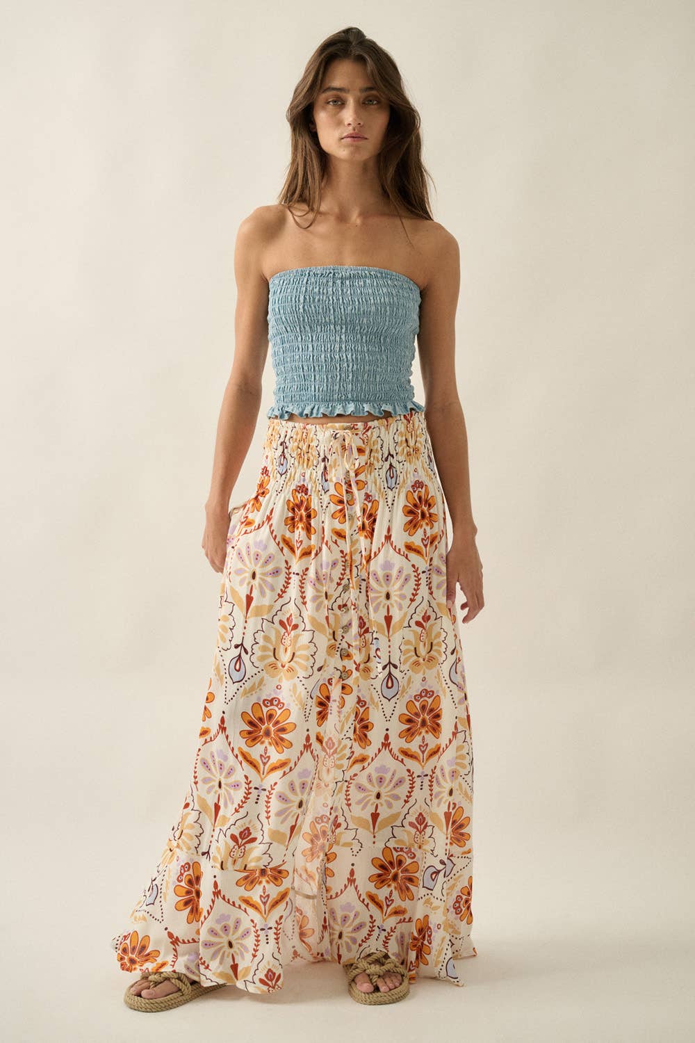 Promesa USA - Multicolor Ornate Floral-Print Button-Front Maxi Skirt in Cream-Sand 3