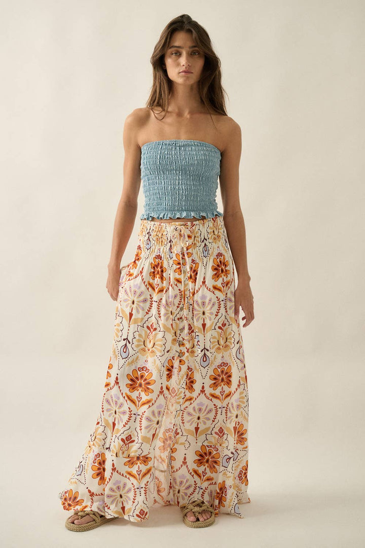 Promesa USA - Multicolor Ornate Floral-Print Button-Front Maxi Skirt in Cream-Sand 3