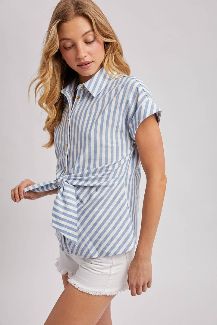 Bluivy Striped Knotted Button Down Shirt - Chambray