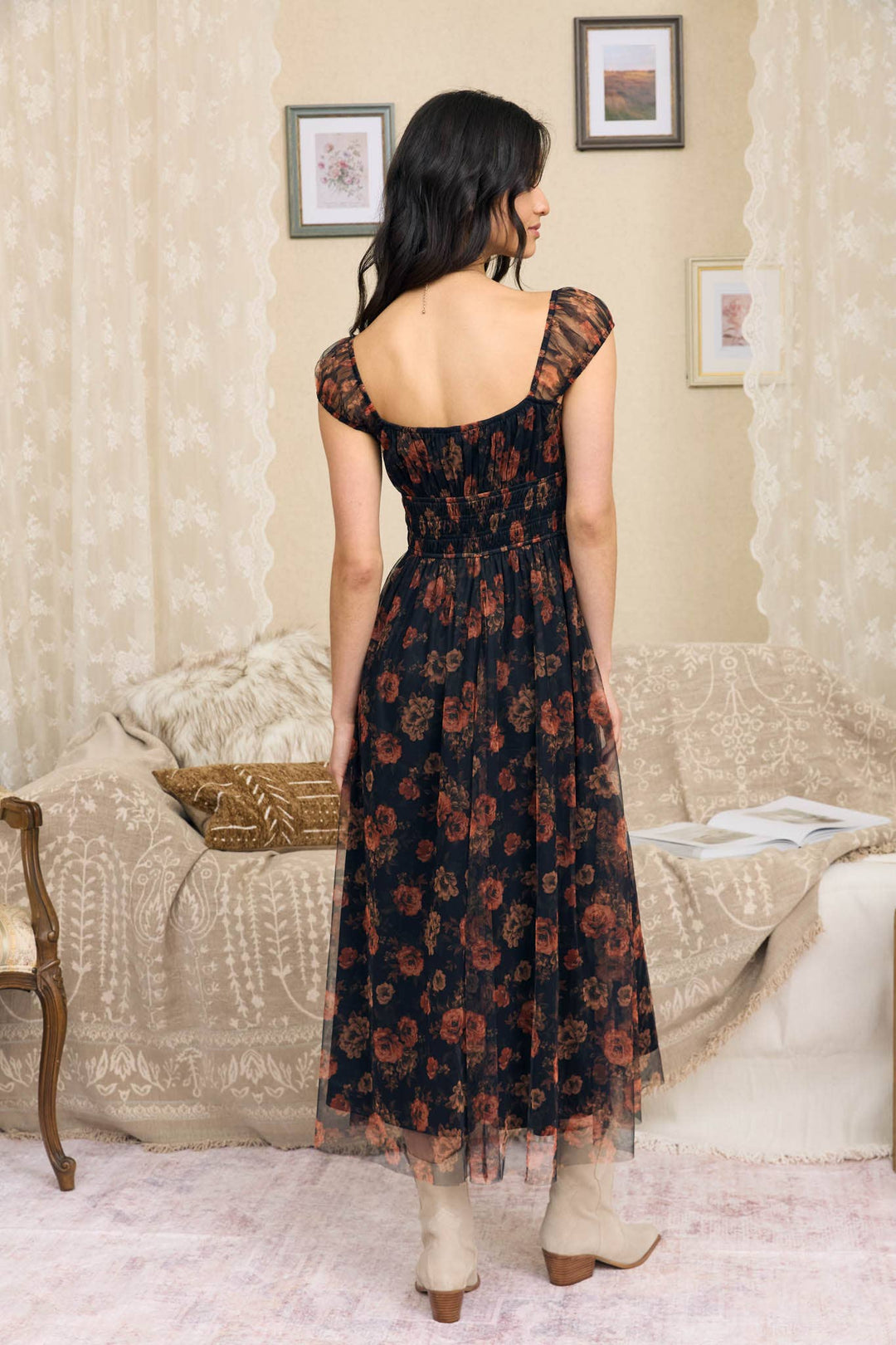 Blu Pepper - Black Multi Floral Organza Sweetheart Midi Dress 1