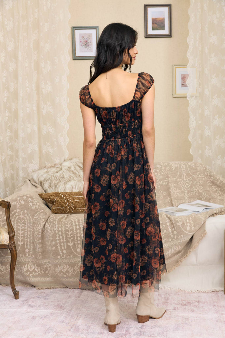 Blu Pepper - Black Multi Floral Organza Sweetheart Midi Dress 1