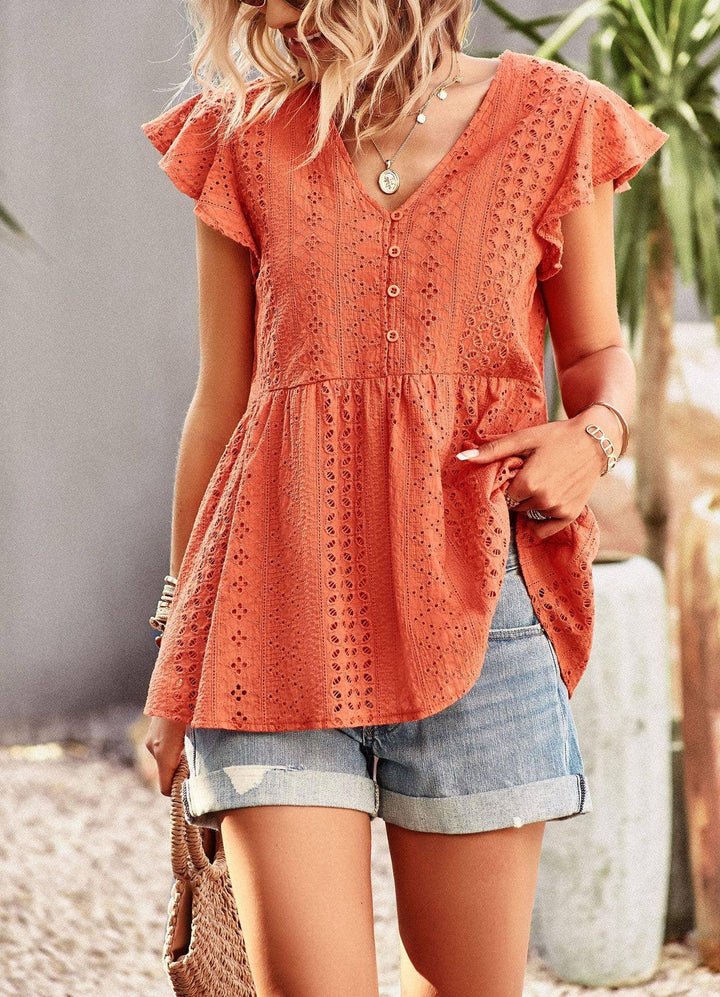 Floral Eyelet Button Detail Peplum Blouse - Shop Emma's 