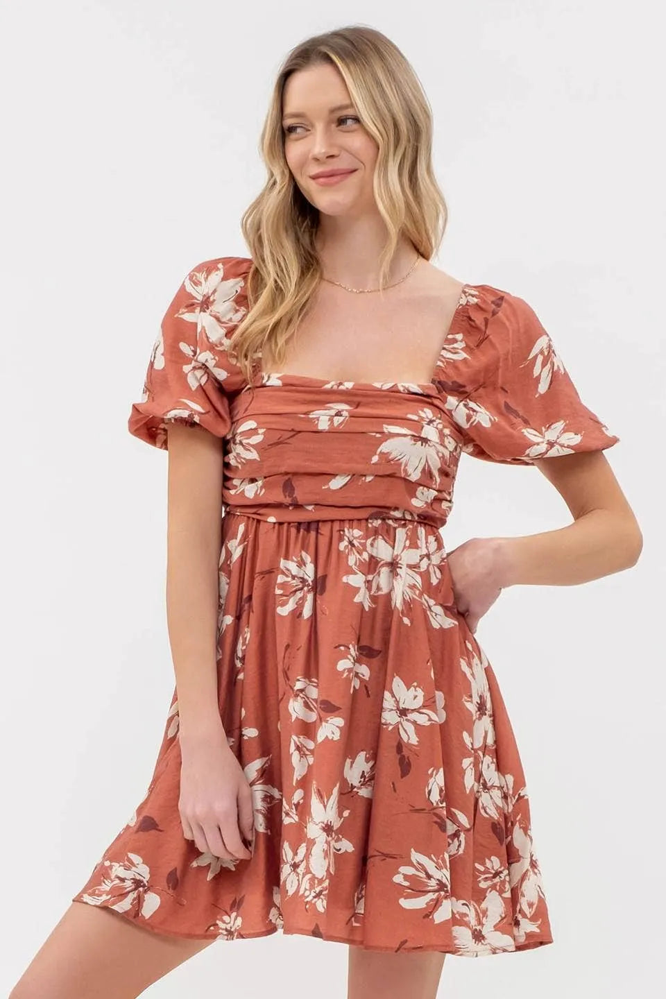 Floral Pleated Puff Sleeve Dress pic 1 - Emma's Boutique Terracotta