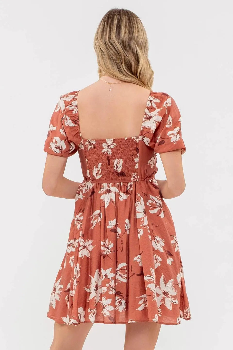 Floral Pleated Puff Sleeve Dress pic 3 - Emma's Boutique Terracotta