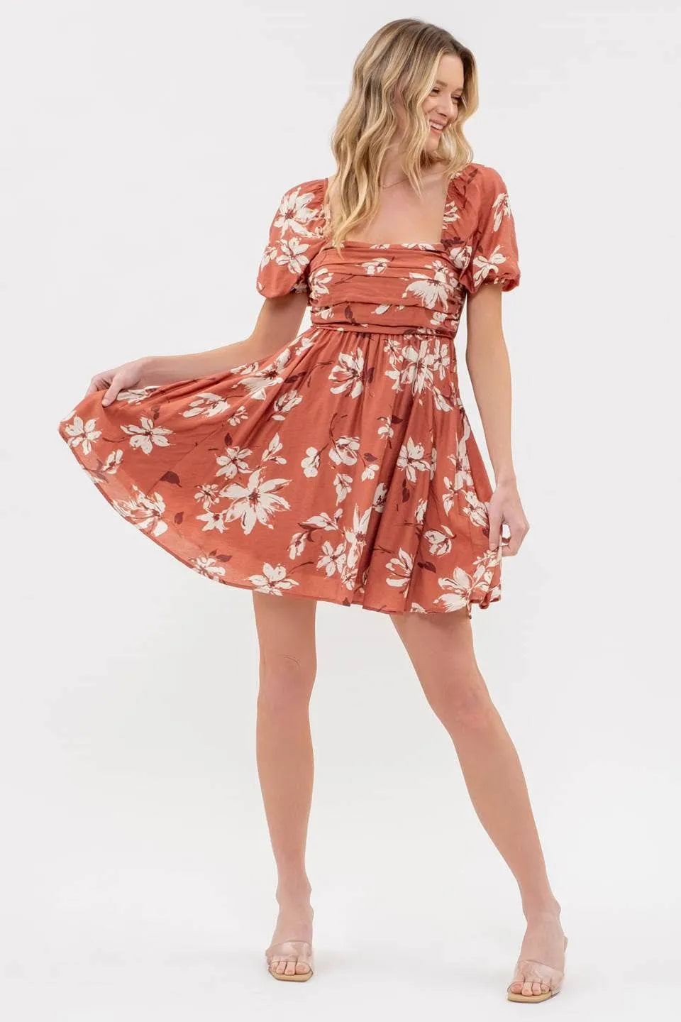 Floral Pleated Puff Sleeve Dress pic 4 - Emma's Boutique Terracotta