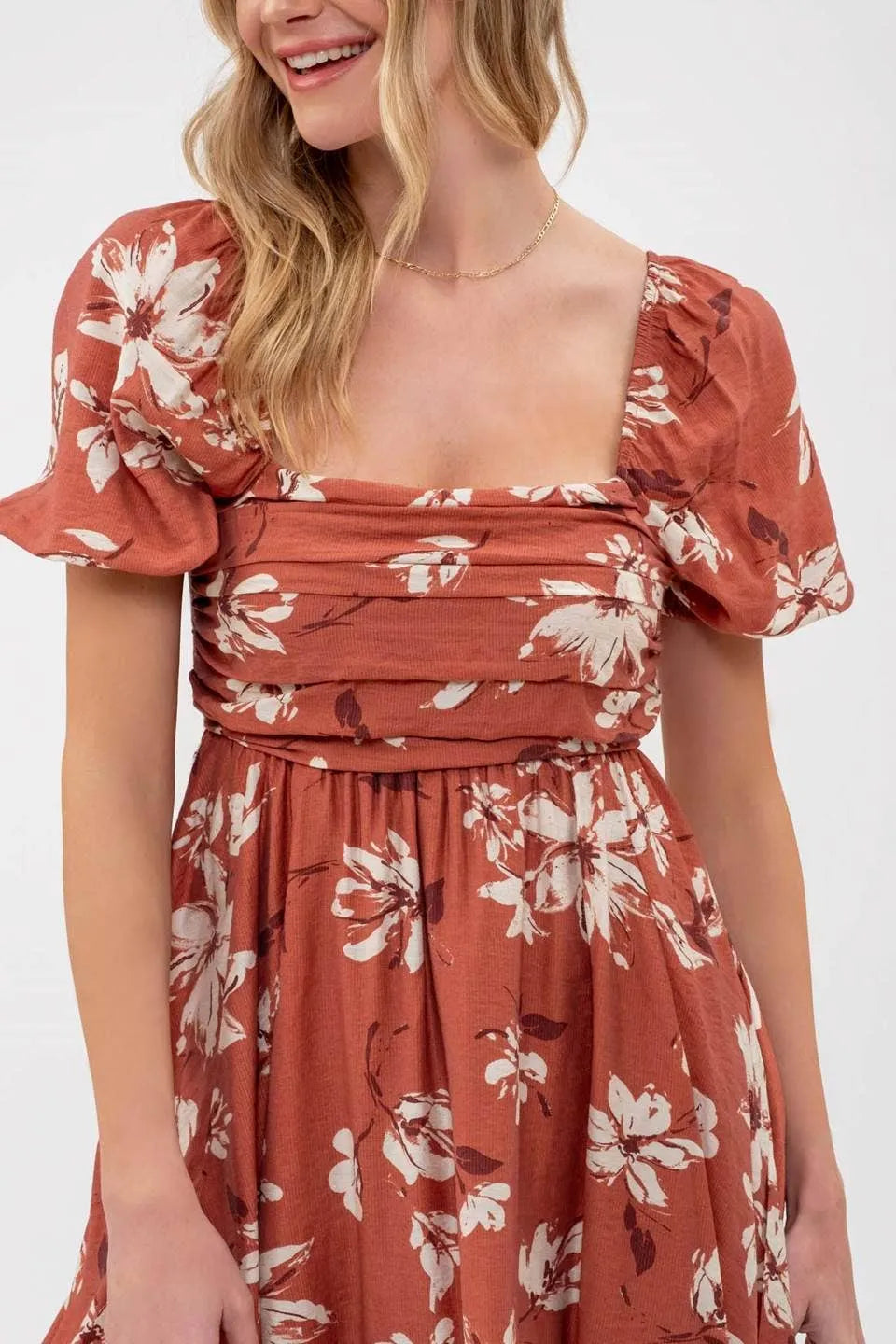 Floral Pleated Puff Sleeve Dress pic 5 - Emma's Boutique Terracotta