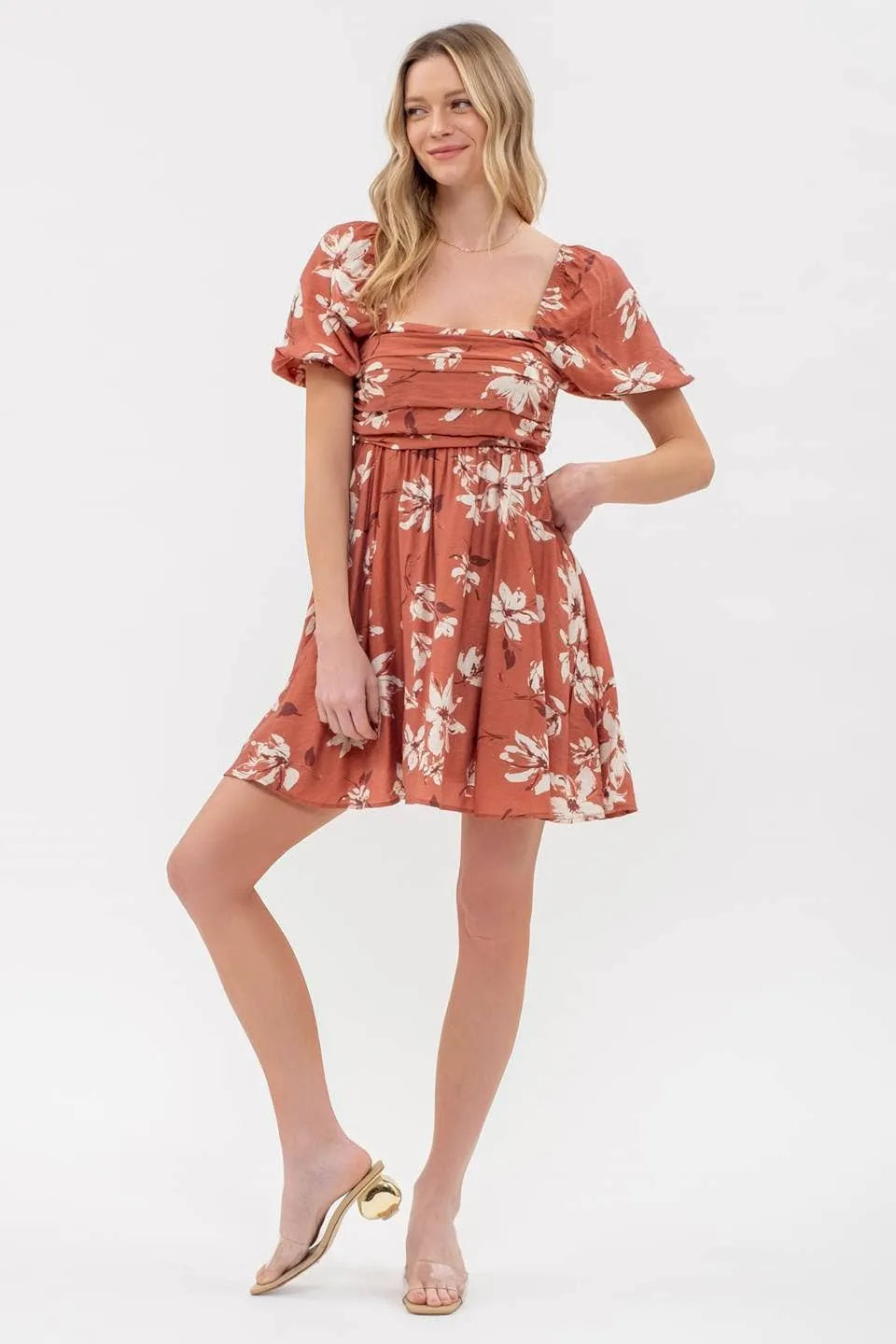 Floral Pleated Puff Sleeve Dress pic 6 - Emma's Boutique Terracotta