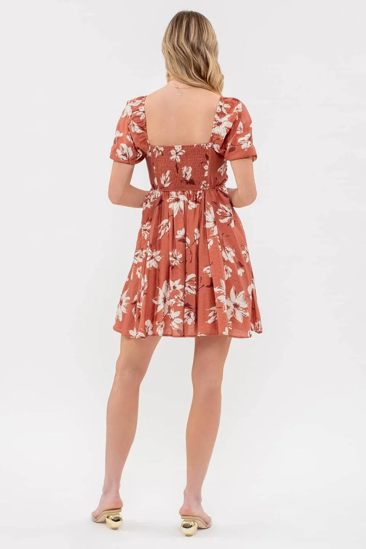 Floral Pleated Puff Sleeve Dress pic 7 - Emma's Boutique Terracotta