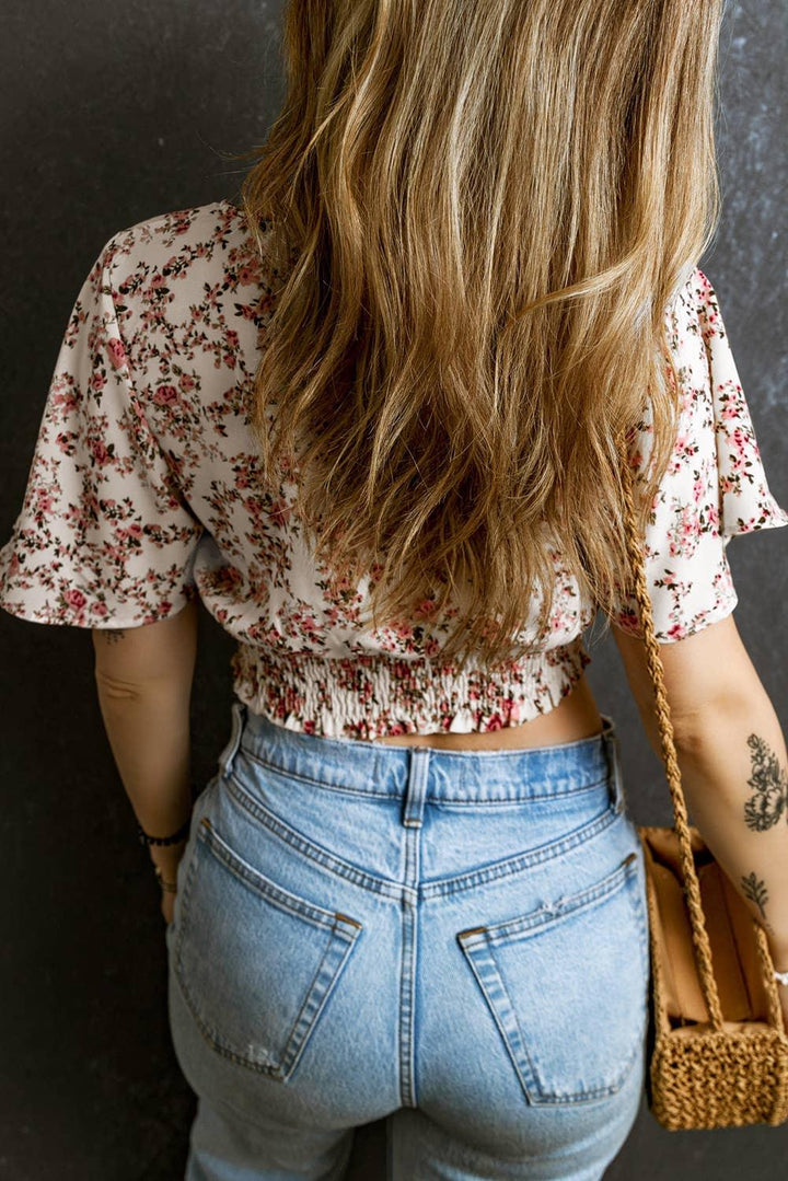 Floral Print V Neck Wrapped Cropped Blouse - Shop Emma's 