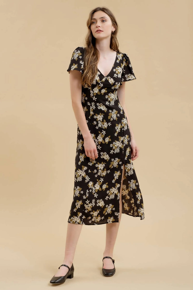 Floral V Neck Split Midi Dress - Shop Emma's 