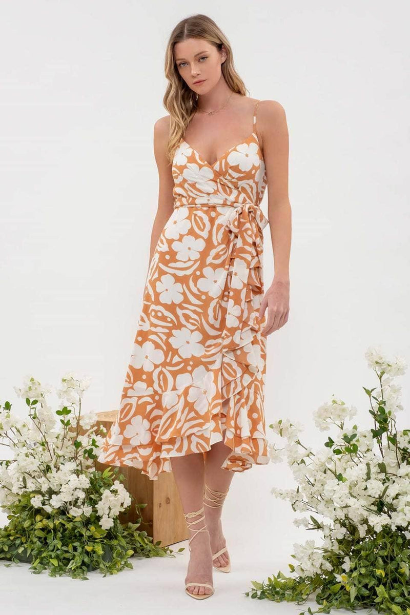 Floral Wrap Belted Midi Dress Dusty Apricot - Shop Emma's 