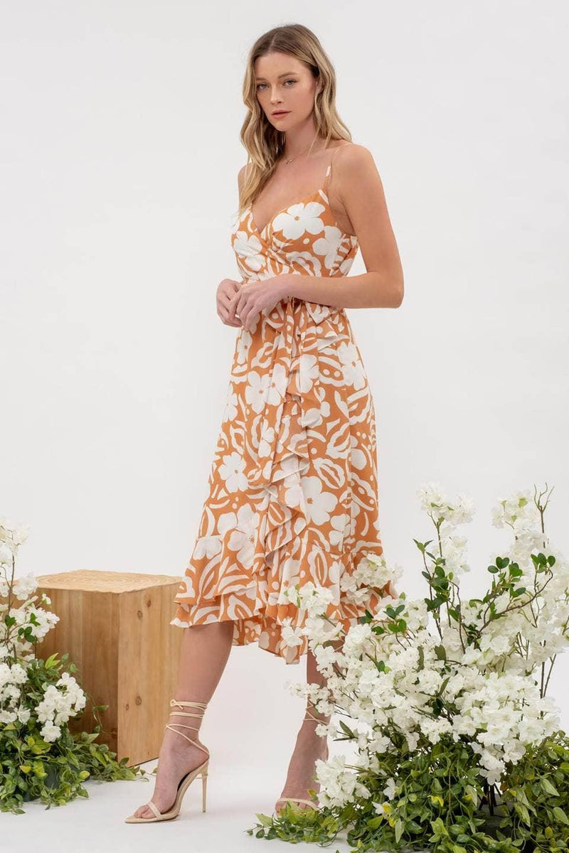 Floral Wrap Belted Midi Dress Dusty Apricot - Shop Emma's 