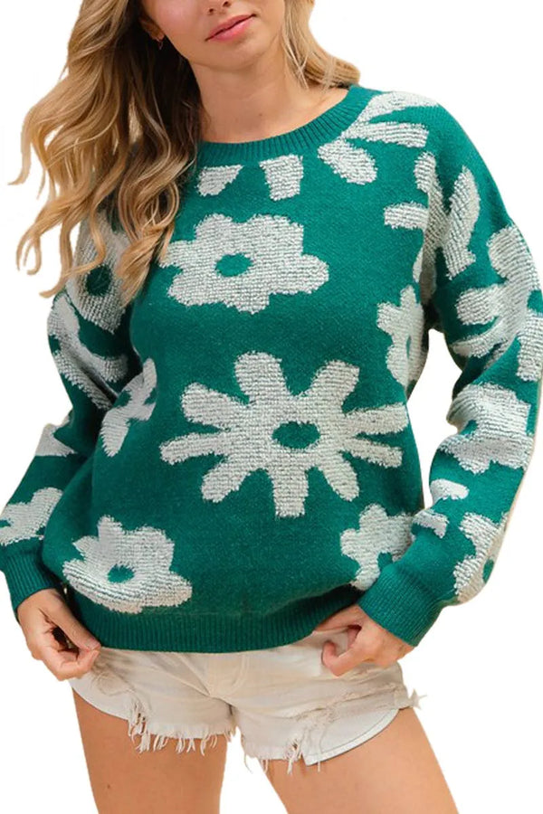 Flower Pattern Long Sleeves Sweater Top - Shop Emma's 