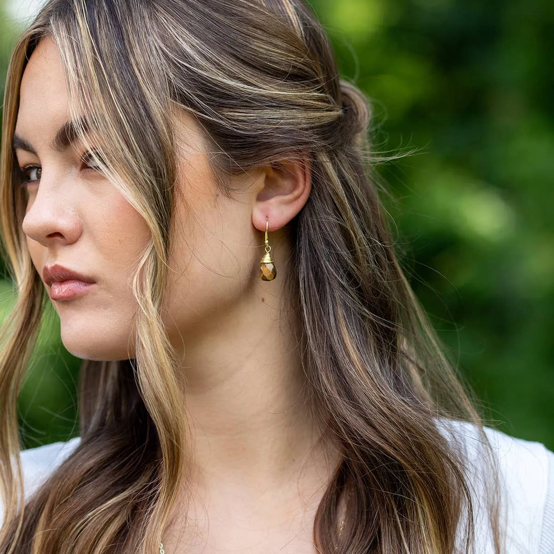 Gold-Plated Tiger Eye Teardrop Earrings - Shop Emma's 