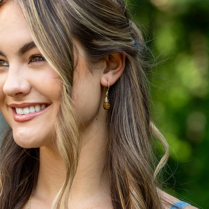 Gold-Plated Tiger Eye Teardrop Earrings - Shop Emma's 