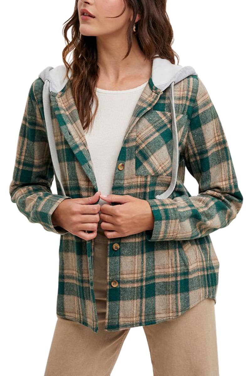 Hooded Flannel Button Front Shirt Jacket - Shop Emma's 