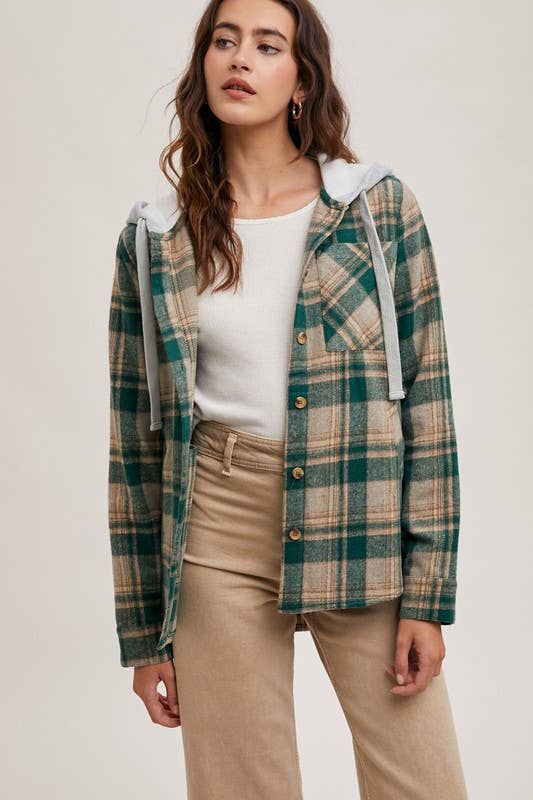 Hooded Flannel Button Front Shirt Jacket - Shop Emma's 