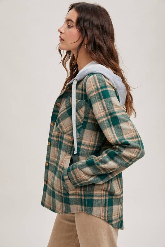 Hooded Flannel Button Front Shirt Jacket - Shop Emma's 