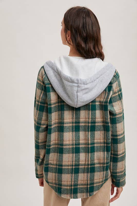 Hooded Flannel Button Front Shirt Jacket - Shop Emma's 