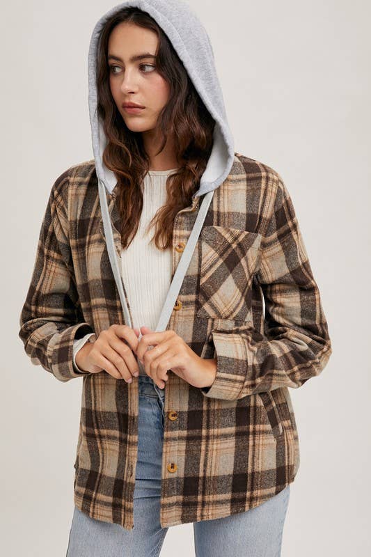 Hooded Flannel Button Front Shirt Jacket - Shop Emma's 