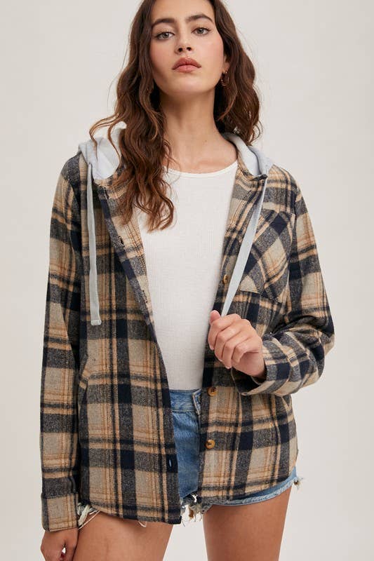 Hooded Flannel Button Front Shirt Jacket - Shop Emma's 