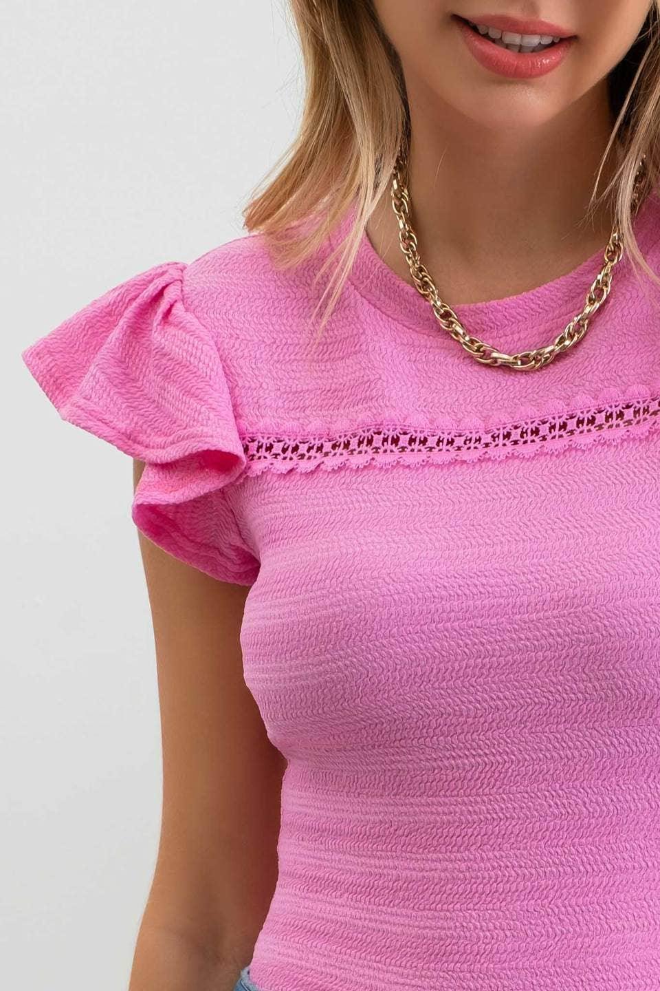 Lace Trim Crinkle Knit Top Pink - Shop Emma's 