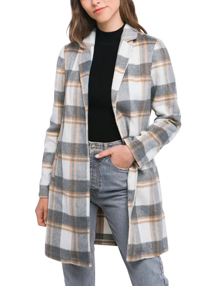 Lapel Collared Plaid Wool Blend Full Coat - Shop Emma's 