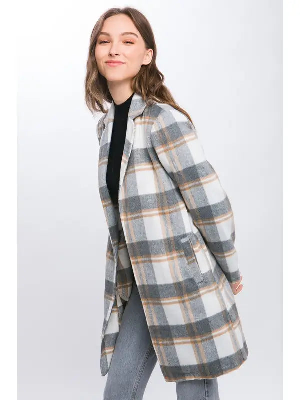 Lapel Collared Plaid Wool Blend Full Coat - Shop Emma's 