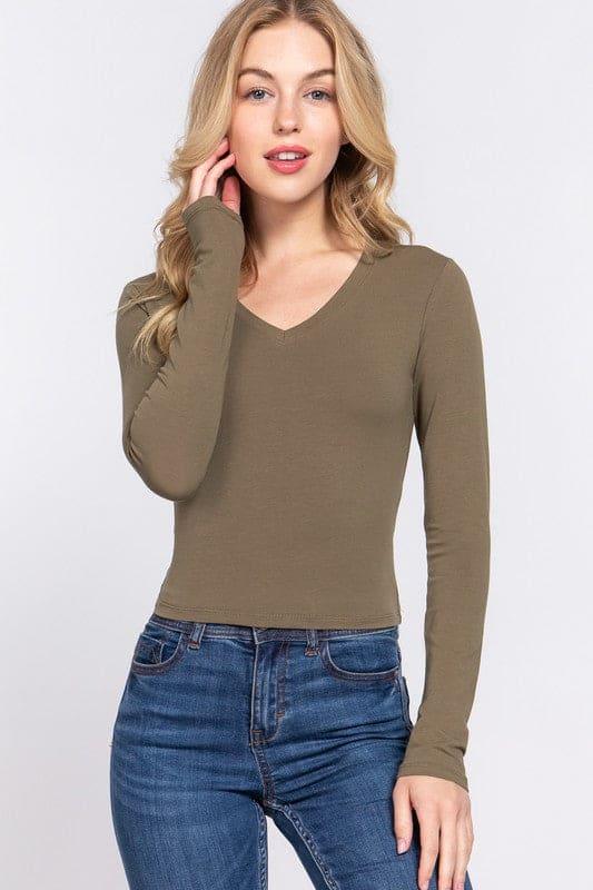 Long Sleeve V-Neck Crop Top - Shop Emma's 