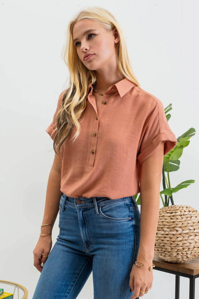 Mid Button Down Cuffed Short Sleeve Top - Shop Emma's 