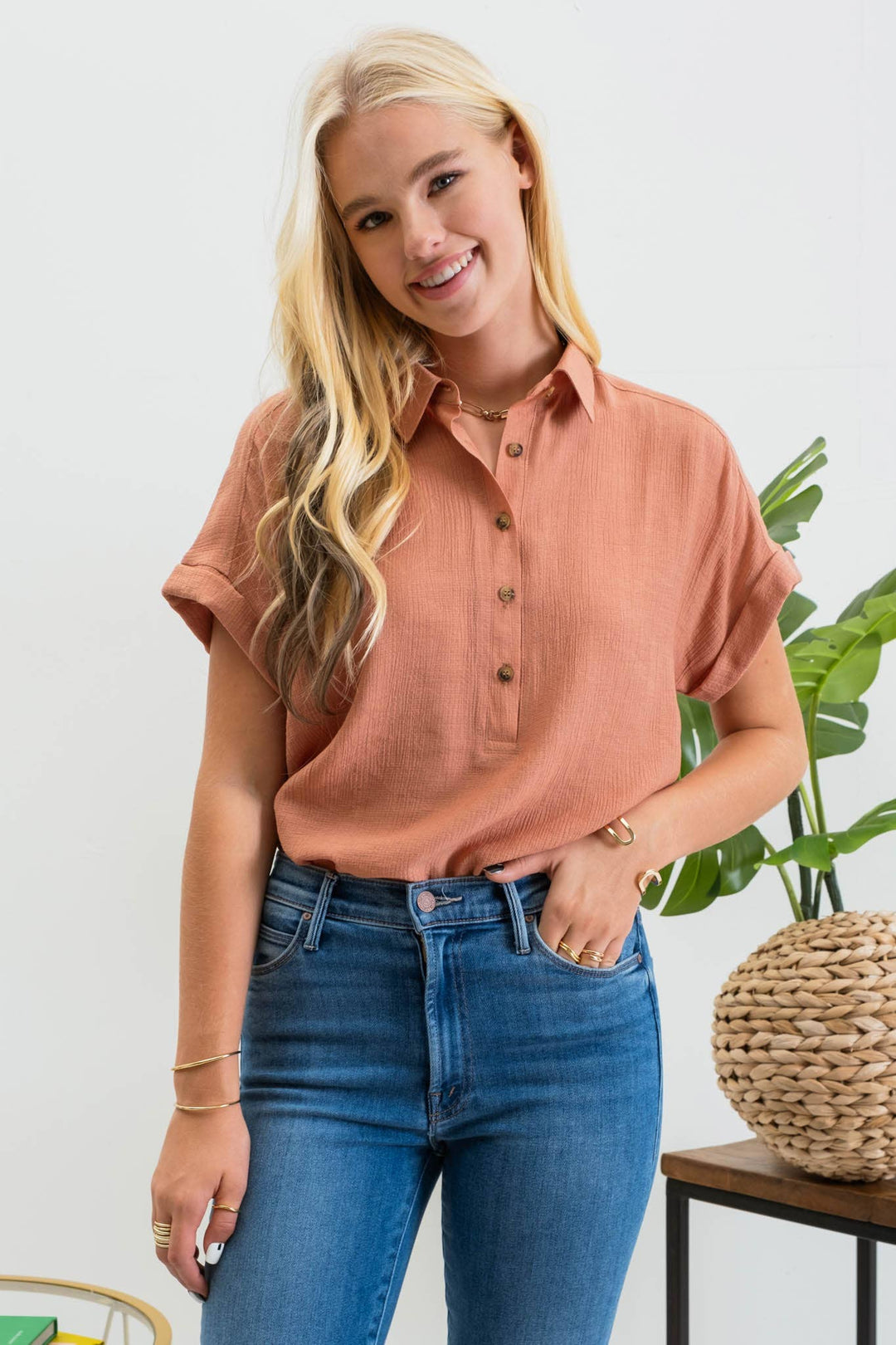 Mid Button Down Cuffed Short Sleeve Top - Shop Emma's 