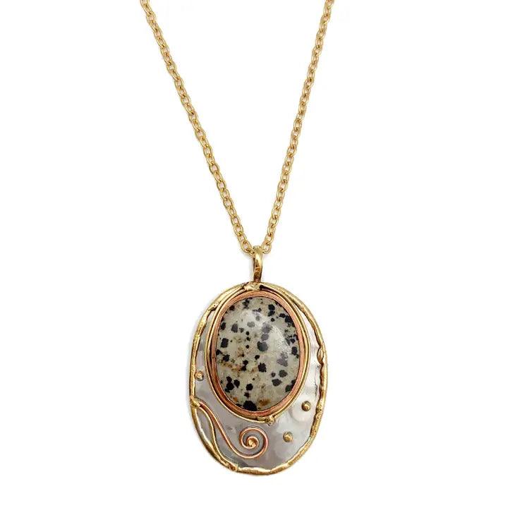 Mixed Metal and Dalmatian Jasper Stone Pendant with Chain - Shop Emma's 