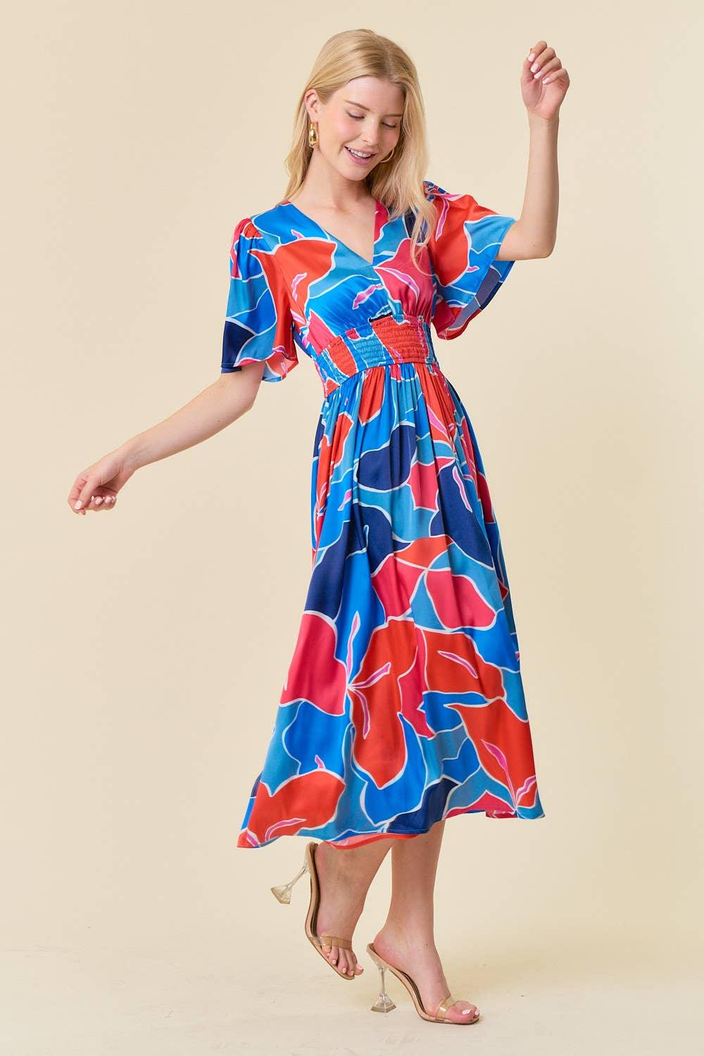 Multi Print V-Neck Smocked Waist Dress - Shop Emma's 