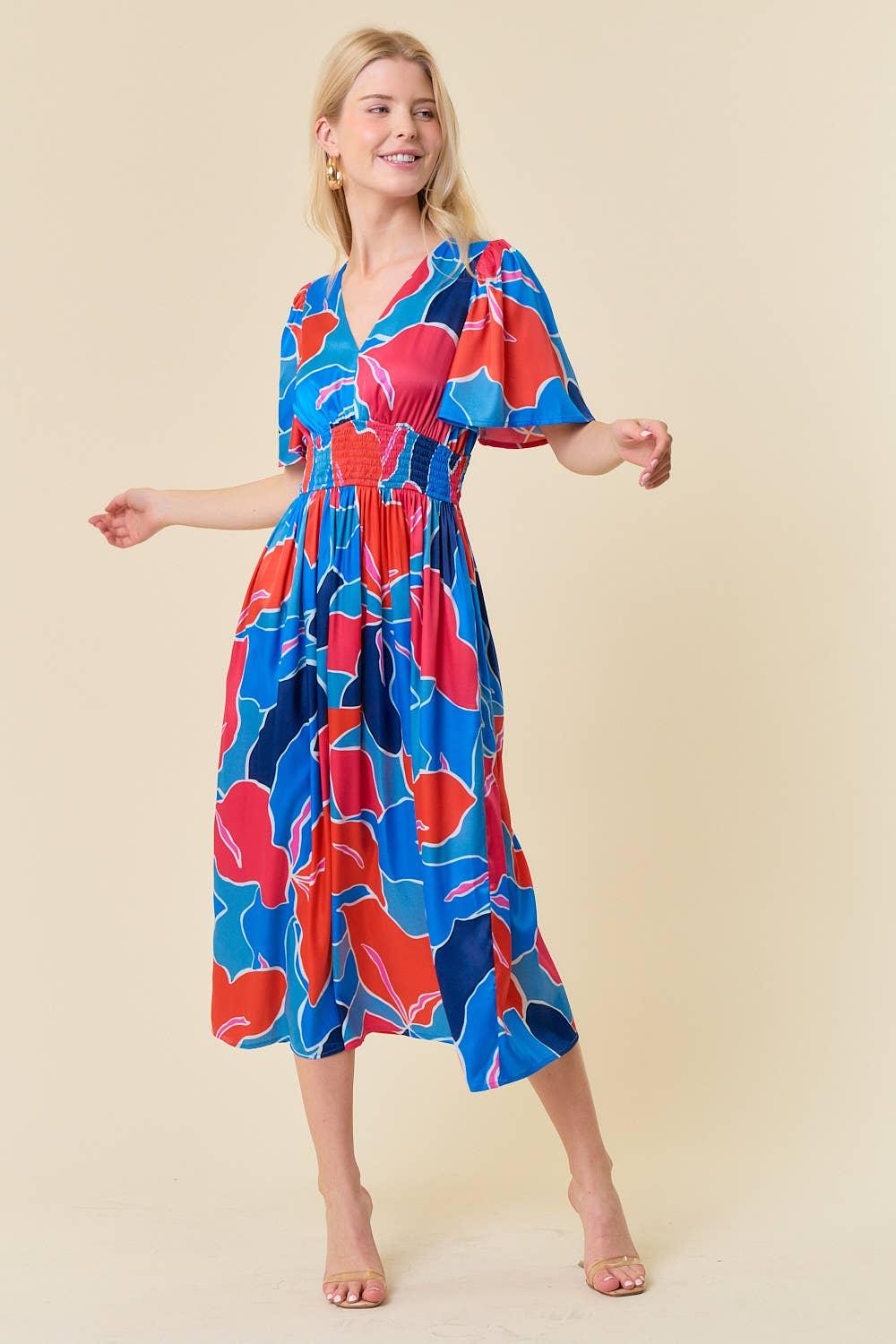 Multi Print V-Neck Smocked Waist Dress - Shop Emma's 