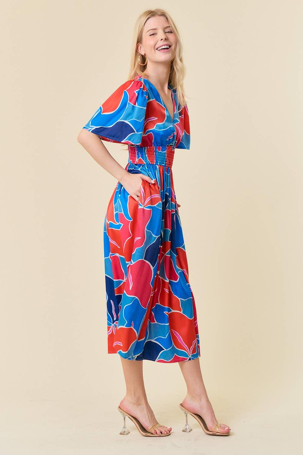 Multi Print V-Neck Smocked Waist Dress - Shop Emma's 